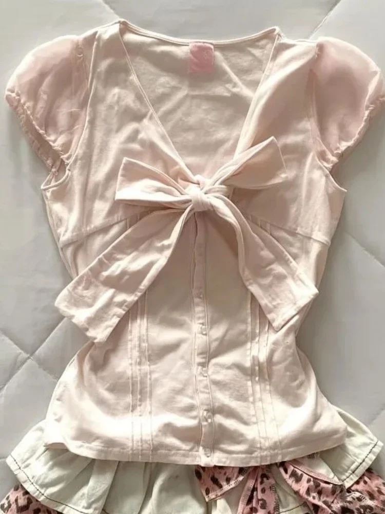 

Y2k Pink V-neck Bow Short Sleeve T-shirts for Women Sweet High Waist Tees Vintage Kawaii Sweet Bow Tops 2025 Fashion Summer New