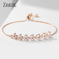 ZAKOL Fashion Leaf Zircon Adjustable Bracelets for Women Bride Wedding Jewelry