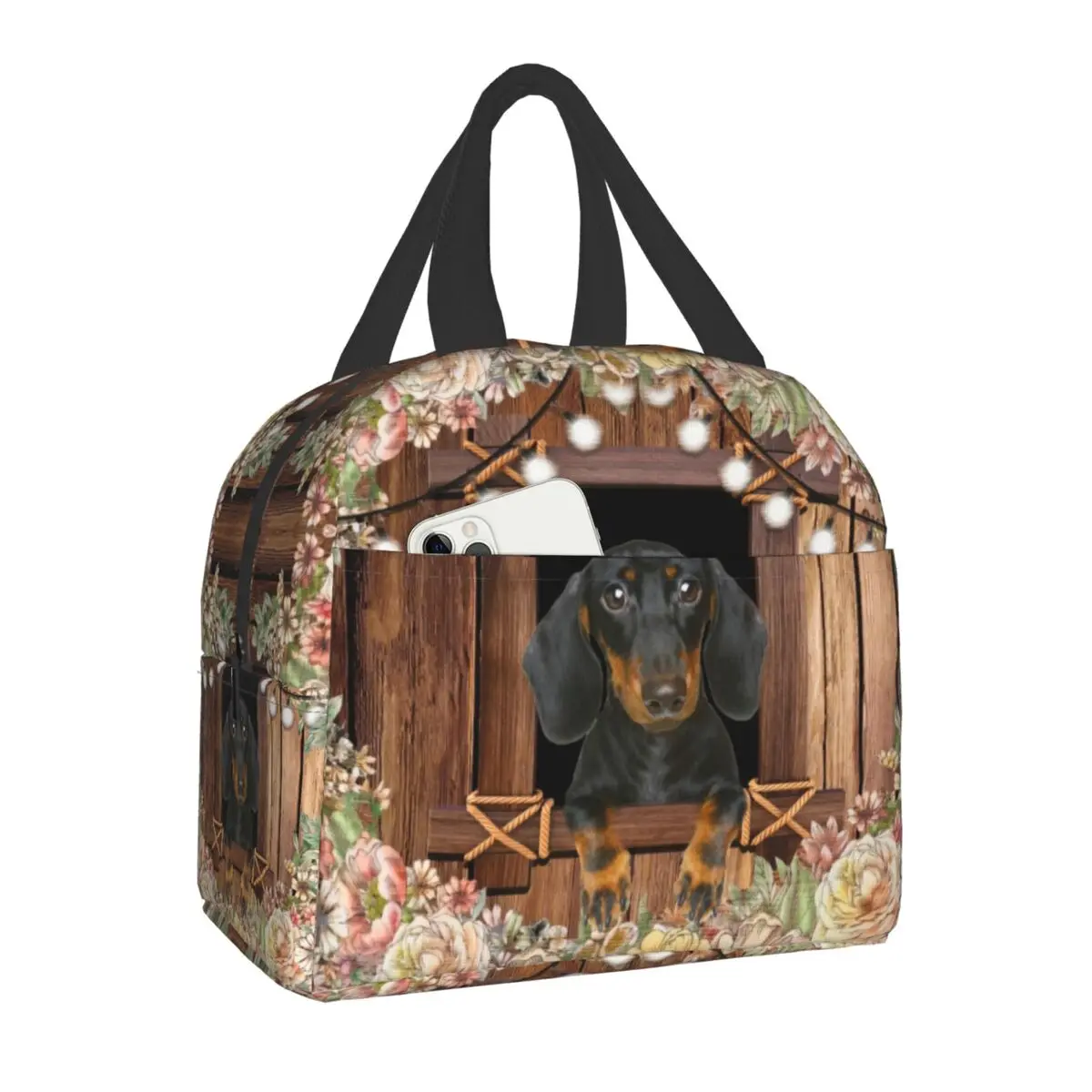 Dachshund Dog With Floral Lunch Bags For Women Insulated Thermal Cooler Bento Box Kids School Food Portable Picnic Storage Bag