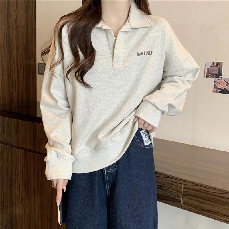 

Retro American Collar Long Sve Sweatirt Women's Spring Autumn Thin Loose Korean Sle Versatile Top Coat