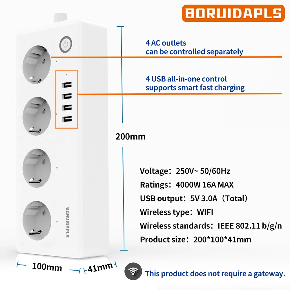 BORUIDAPLS wifi Smart Power Strip Support Tuya Alexa Remote Voice Control Smart Socket Kitchen Accessory Energy Saving Metering