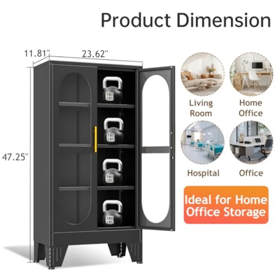 47 H Locking Display Cabinet for Living Room/Bedroom/Kitchen/Bar, Black Metal Curio Cabinet with Glass Door, 3 Adjustable Shelv view 2