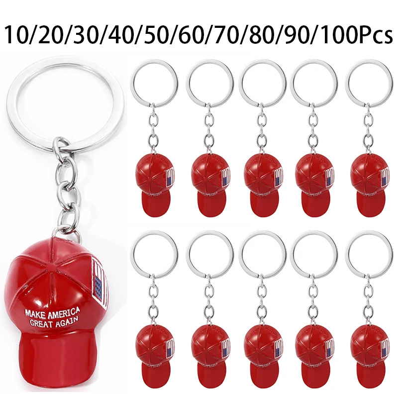 10-100Pcs Trump Red Hat Pendant Keychain American Flag Hat Make America Great Again Metal Key Chain