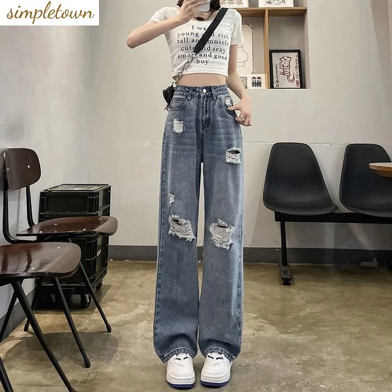 Perforated Wide Leg Jeans for Women\'s Summer Thin Style 2024 New High Waisted Slim and Slim Fit Loose Straight Leg Pants