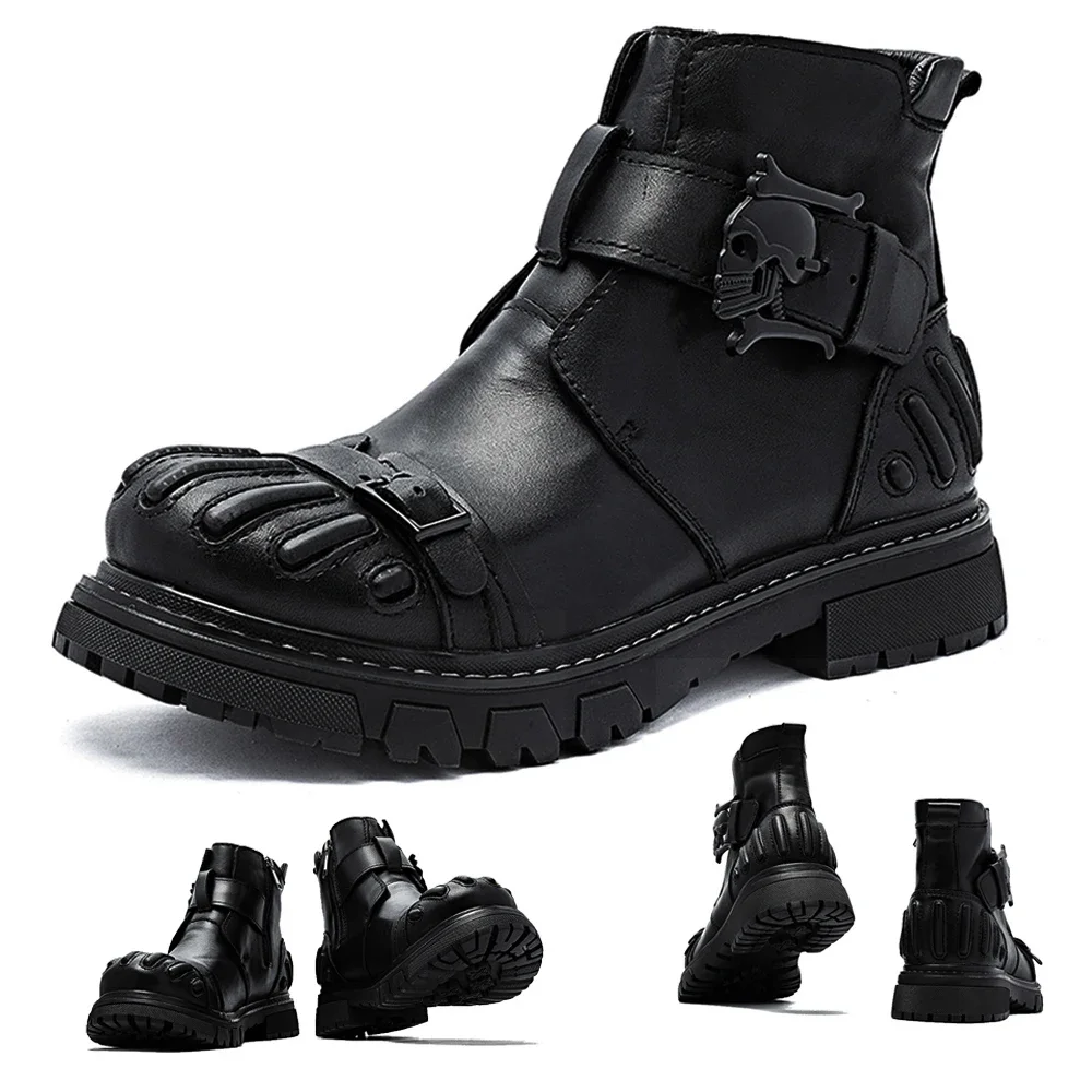 New Fashion Men's Genuine Leather Gothic Skull Punk Motorcycle Boots Male Mid-calf Western Boots Platform Combat Boots ZIP