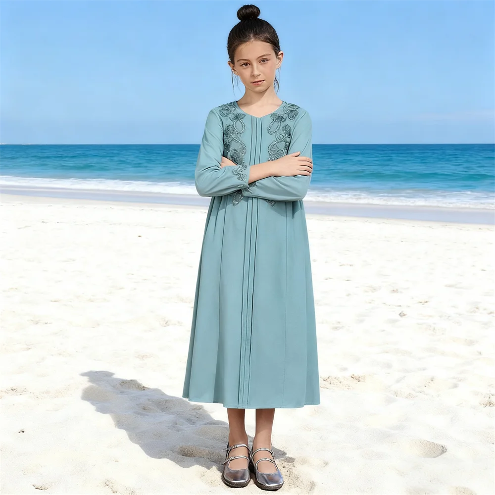 

Элегантное мусульманское платье Абая с бисером для детей и девочек, Рамадан, Ид, Джеллаба, Дубай, кафтан, марокканский халат, арабский кафтан Абая, Vestidos