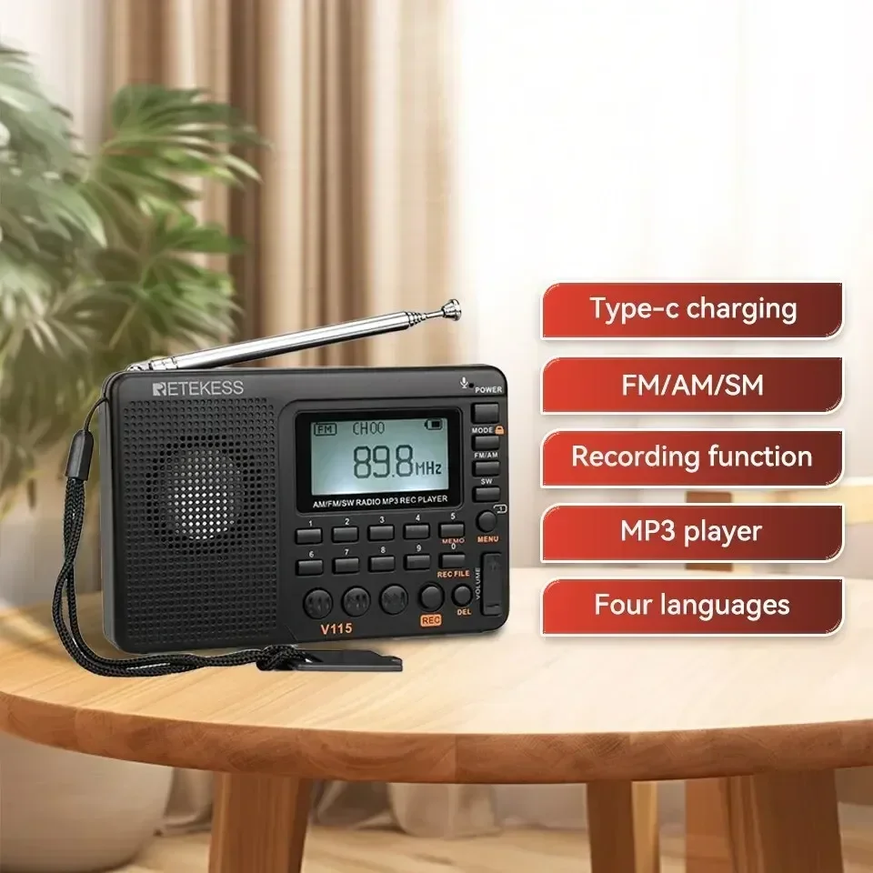 RETEKESS V115 Radio FM AM SW Portable Radios Rechargeable Shortwave Radio Batteries Full Wave USB Recorder Speaker for Elders