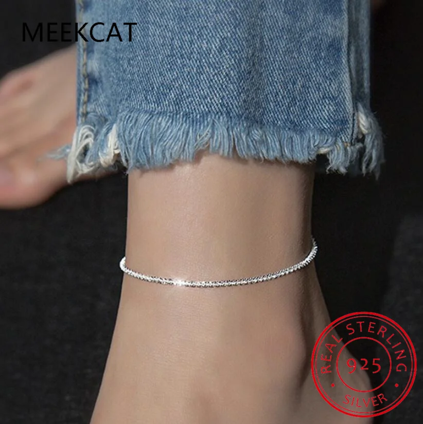 Thin 925 Sterling Silver Shiny Chains Anklet For Women Girls Friend Foot Jewelry Leg Bracelet Barefoot Tobillera de Prata