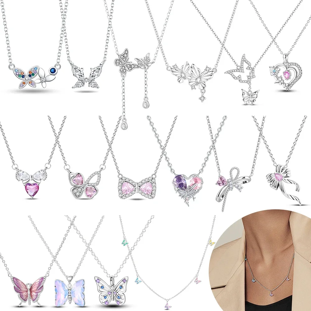 

Изысканное оригинальное ожерелье из серебра 925 пробы с выдолбленной бабочкой, розовое циркониевое ожерелье с бантом в виде сердца, женские ювелирные изделия, роскошные подарки