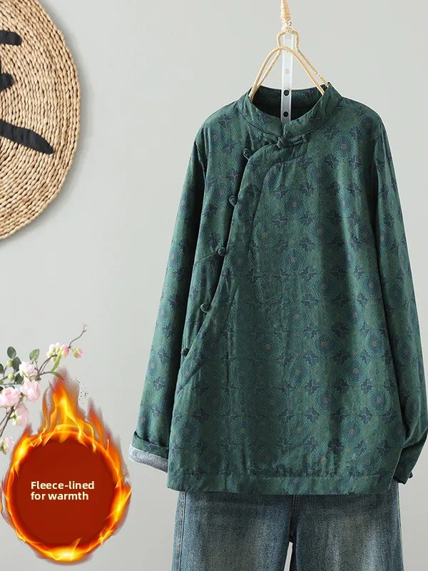 

Женская ретро-рубашка из льна и хлопка с принтом, воротником-стойкой, на пуговицах, с теплой хлопковой подкладкой, размер S