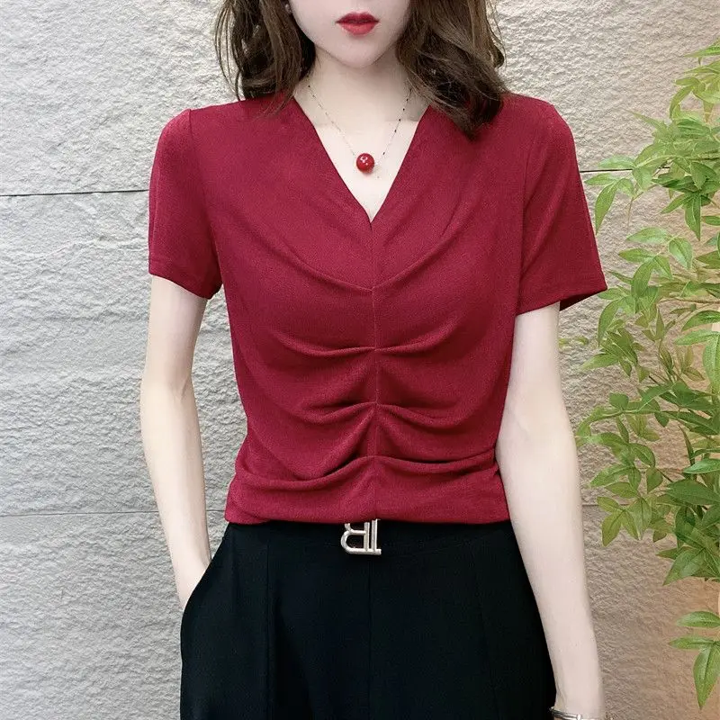 Fashion Net Yarn V Neck T Shirts Summer New Short Sleeve Solid Pleated Slim Temperament Tops Tees Elegant Office Women Clothing