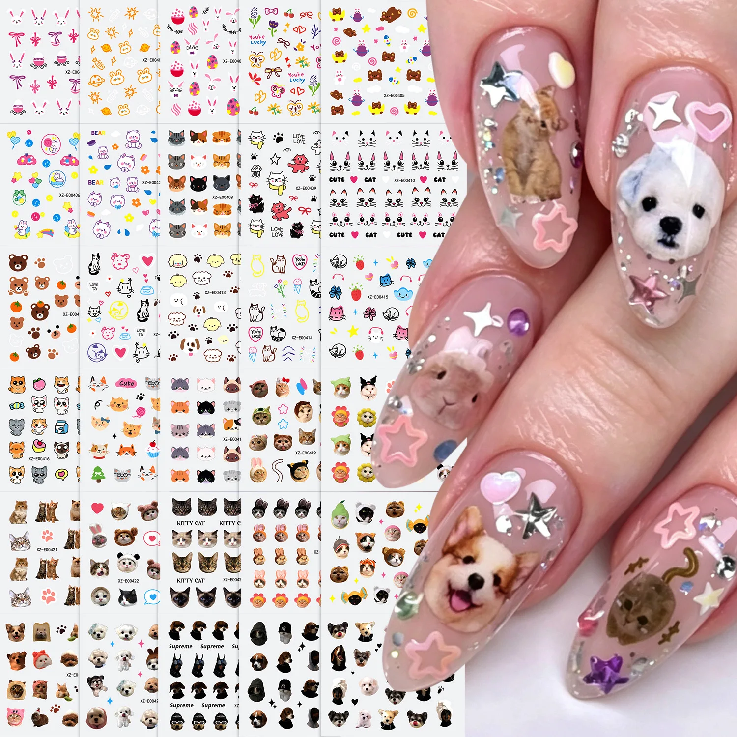 30 Stück Niedliche Hunde Katzen Tier Hasen 3D Cartoon Relief Selbstklebende Nagelkunst-Aufkleber Süße Welpen Kätzchen Stern Maniküre – Detail 5