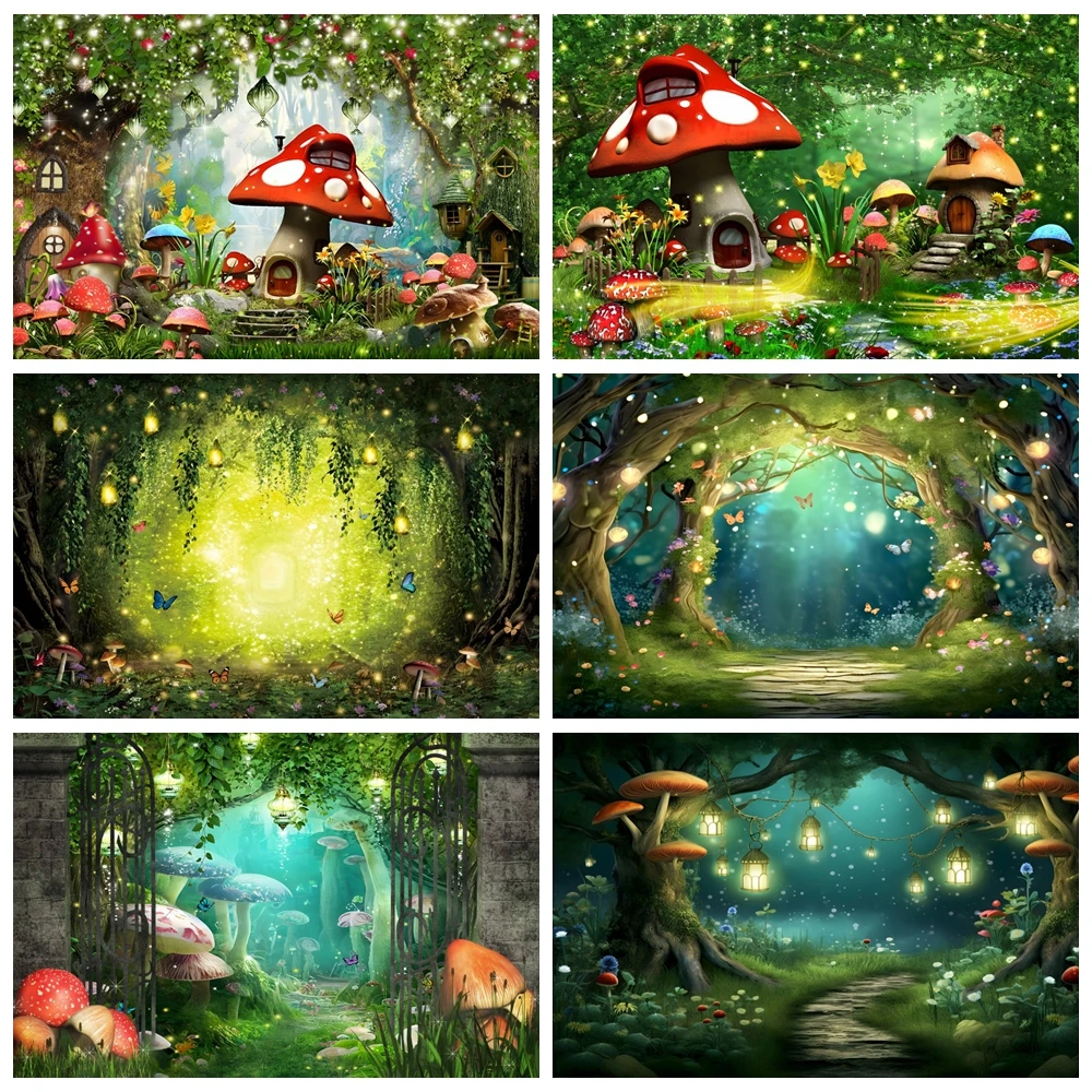 Enchanted Forest Backdrop Fairy Tale Fairyland Dreamy Natural Jungle Mushroom Baby Birthday Photography Background Photo Studio