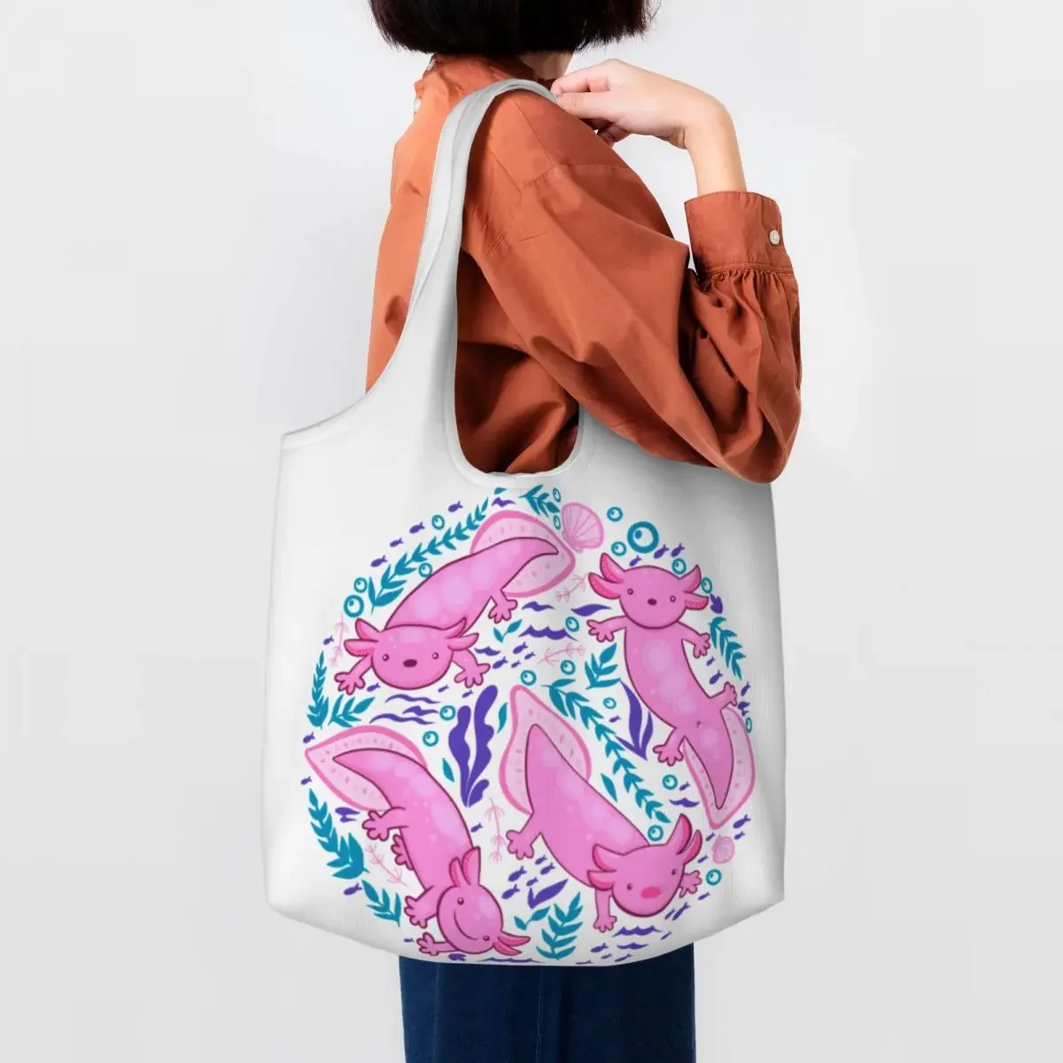 

Recycling Cut Axolotl Shopping Bag Women Shoulder Canvas Tote Bag Portable Salamander Animal Groceries Shopper Bags Handbags