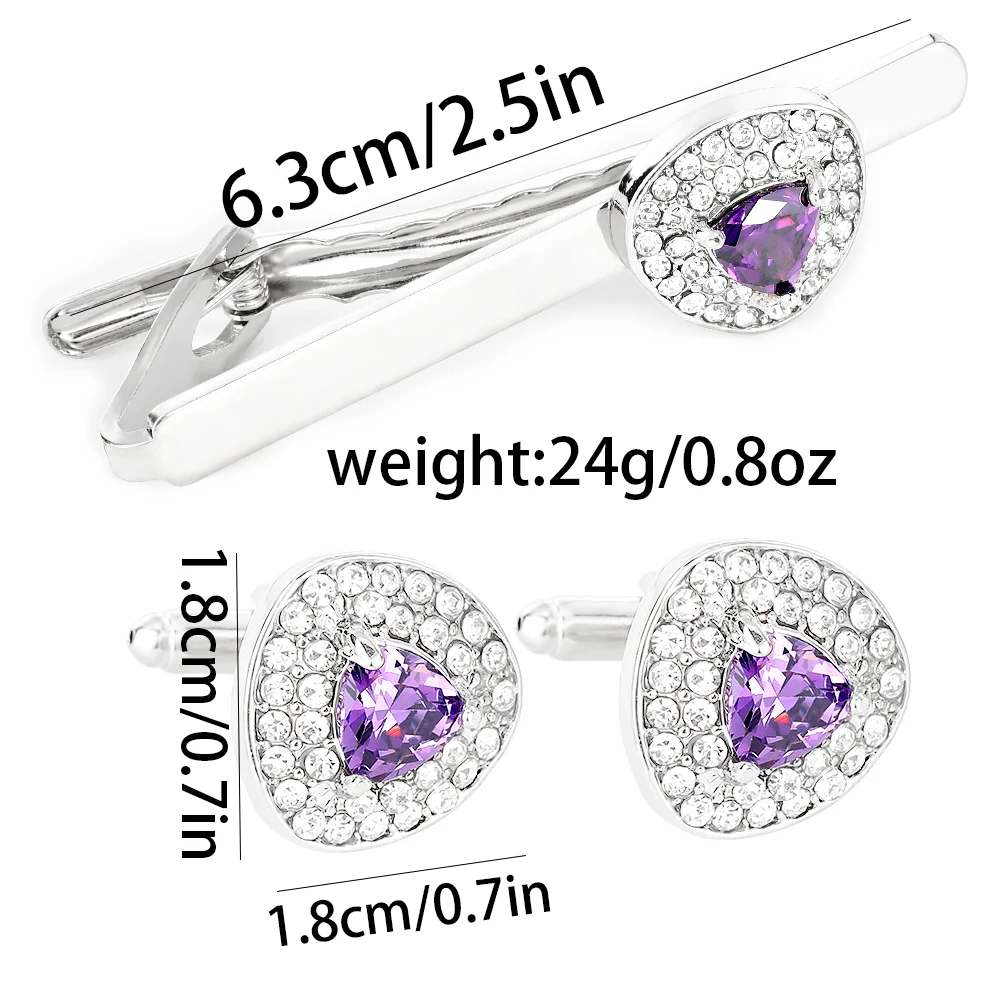 Novelty Luxury Purple White Zircon Triangle Cufflink Tie Clip Set With Full Crystal Paved Nice Gift For Men Boy