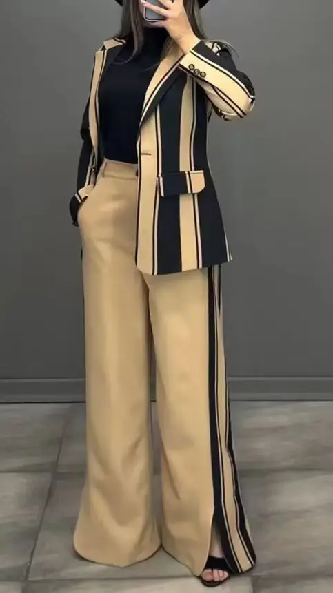 

Striped Print Suits+pants Two Piece Sets Women Casual Wide Leg Pants Sets Autumn Winter Office Ladies Elegant Coats Outfits