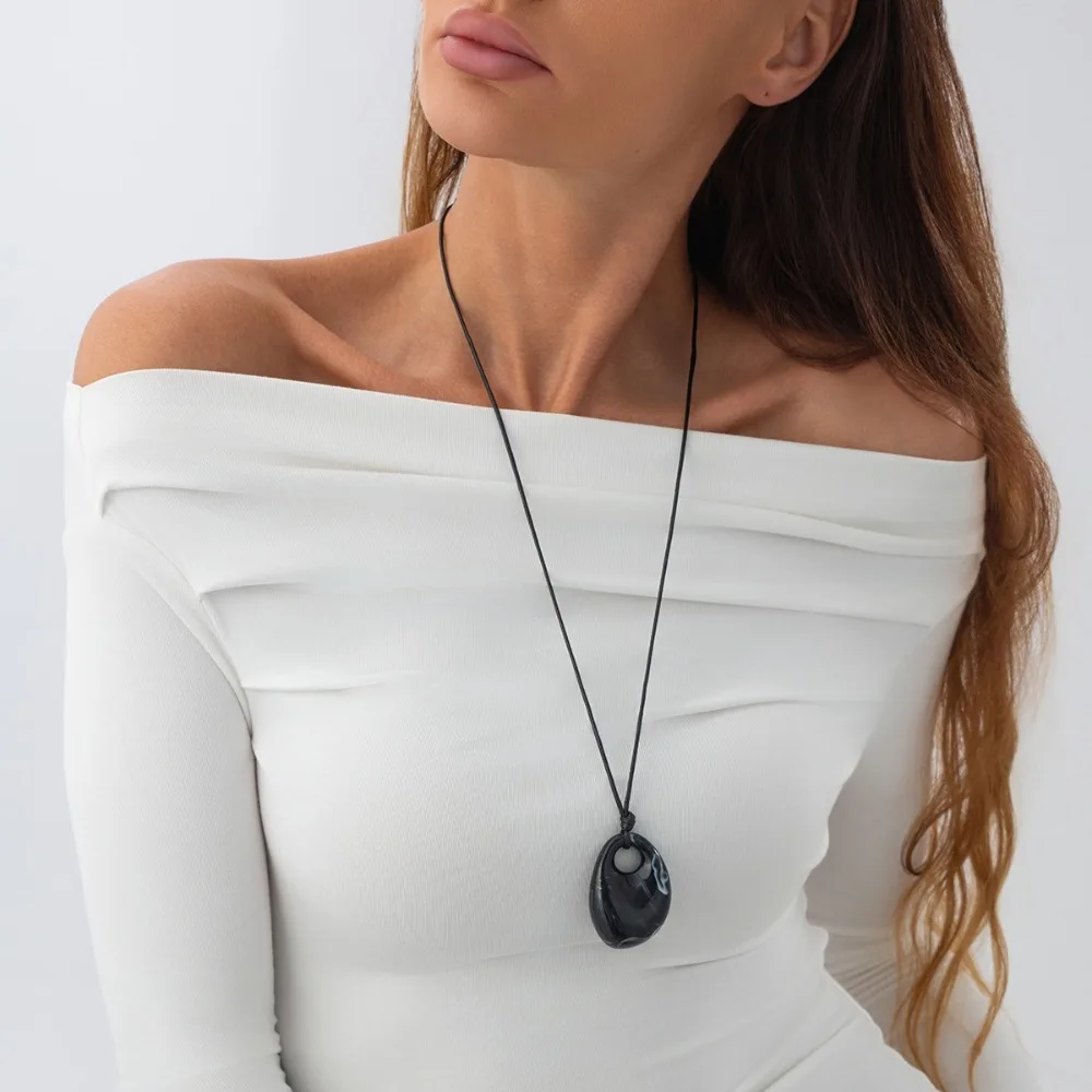 Personality Simple Irregular Geometric Oval Resin Pendant Long Drawstring Sweater Chain Necklace for Women Commuting Jewelry