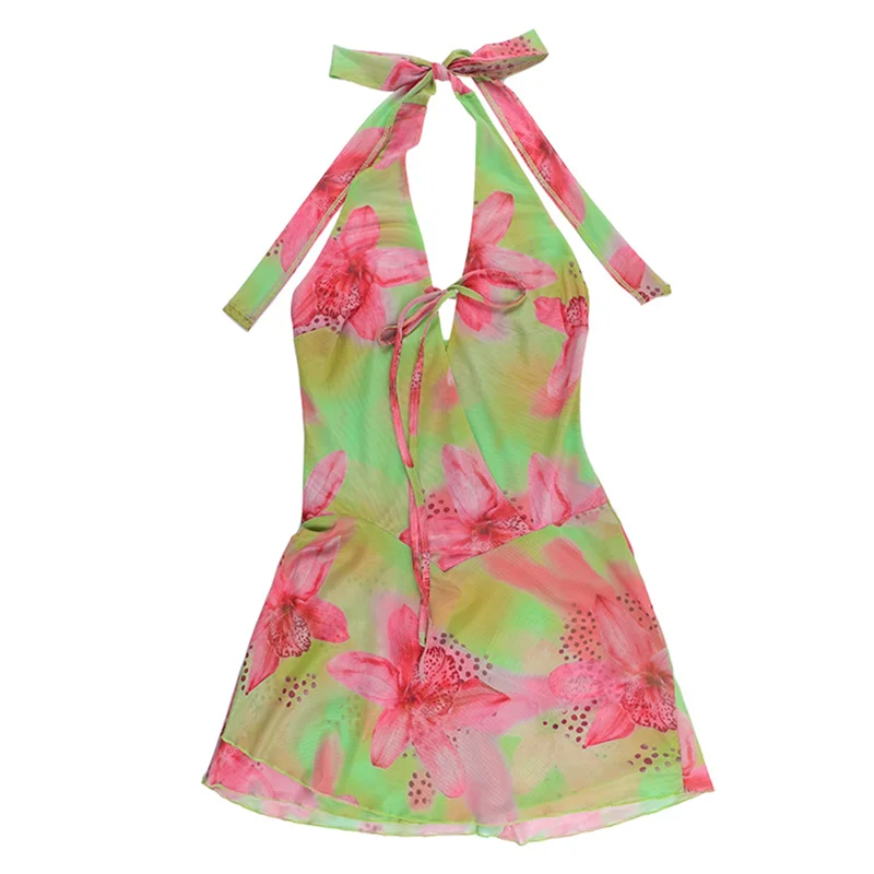 Abrt-feminino halter baixo pescoço mini vestido recorte sem mangas boho vestidos curtos aberto volta noite festa sair vestido de verão