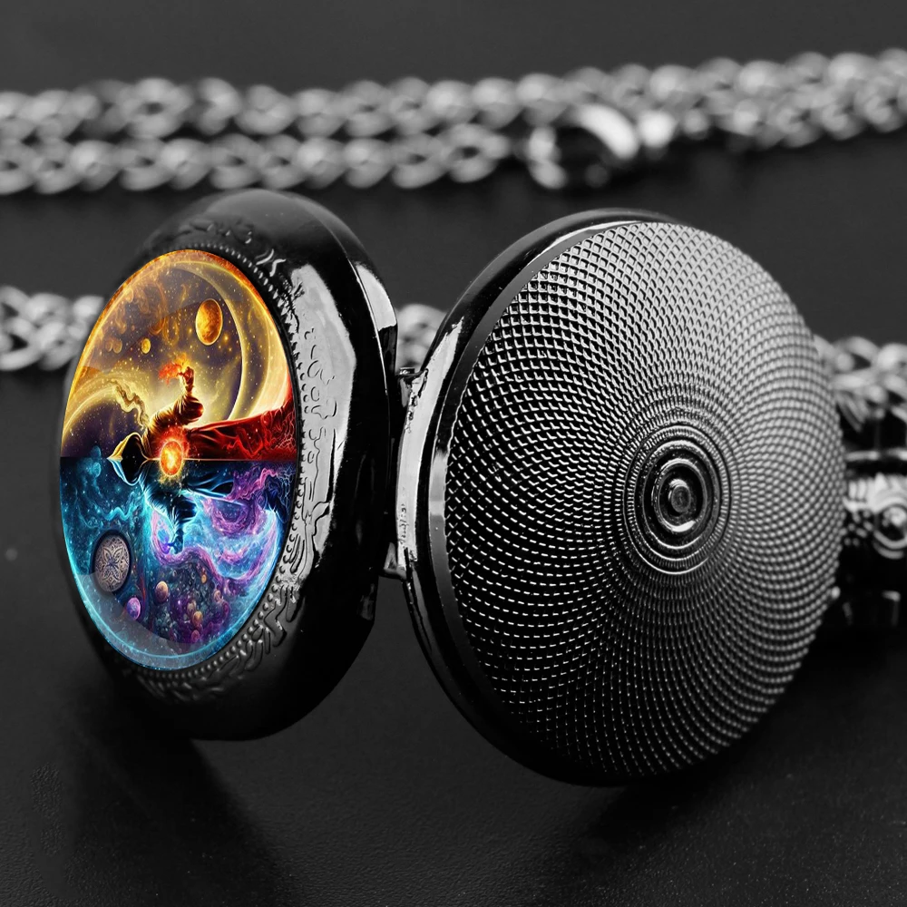 Sorcerer Design Glass Dome Quartz Pocket Watch With Durable Chain Arabic Numeral Dial For Men And Women Creative Gifts