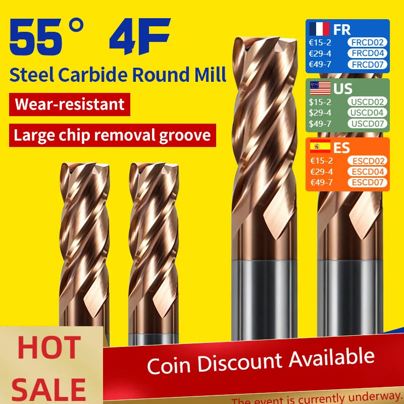 

55 ° Фреза концевая твердосплавная 4-зубчатая R-образная для стальных заготовок, с прямым хвостовиком, для станков с ЧПУ