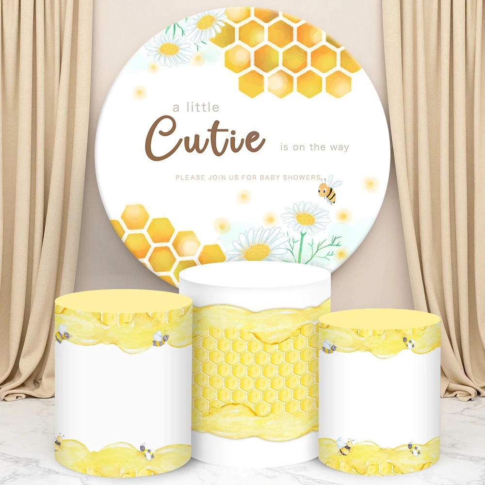 

Bee Theme Round Cylinder Backdrop Cover for Baby Shower Birthday Party Cylindrical Cake Table Cover Party Photograph Decoration