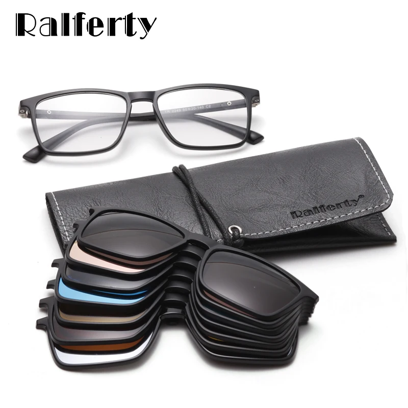 Ralferty 6 In 1 Magnet Sunglasses Men Polarized Clip On Glasses Women Square Prescription Optic Frames 3D Yellow Oculos A2249