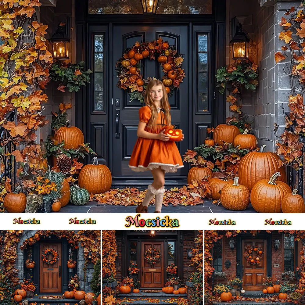 Mocsicka Photography Background Halloween Maple Leaf Pumpkin Garland Holiday Decoration Kids Party Photo Backdrop Studio Props