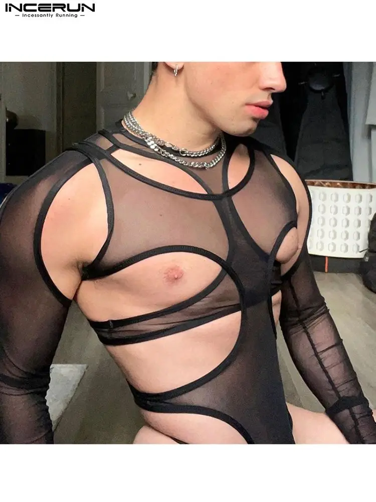 Men Bodysuits Mesh See Through Pajamas 2023 Hollow Out Solid Underwear Sexy O-neck Long Sleeve Men Irregular Bodysuit INCERUN
