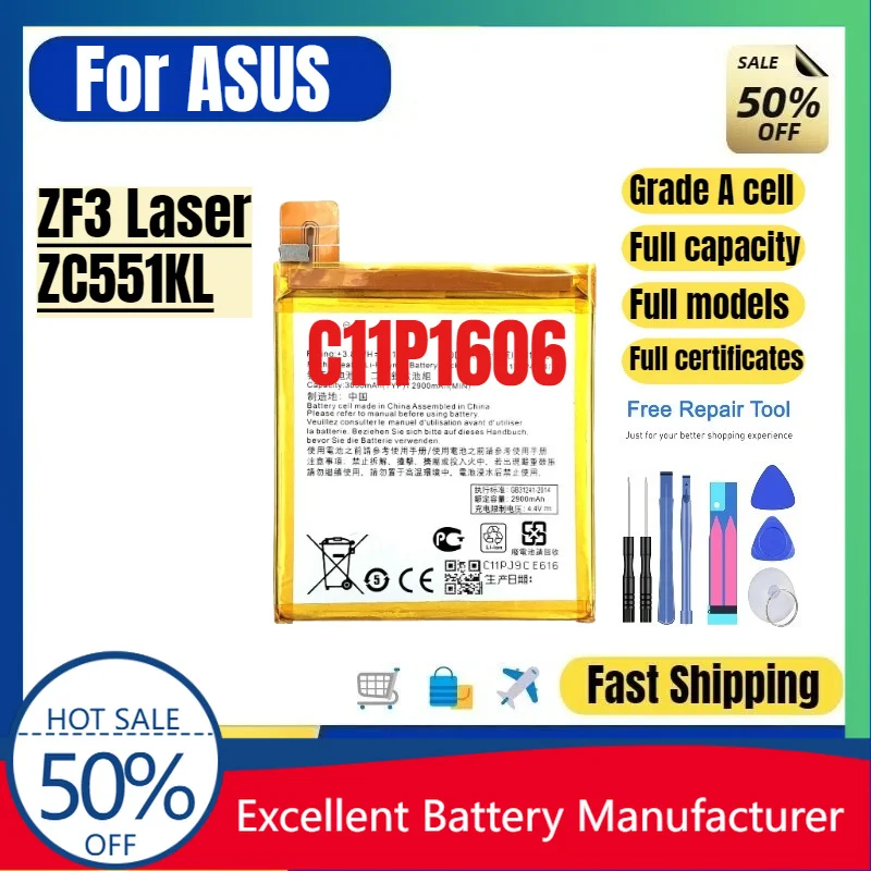 0 Cycle C11P1606 Battery for ASUS ZenFone 3 Laser ZC551KL Phone Replacement Lithium Polymer Grade A Cell Bateria with Tools