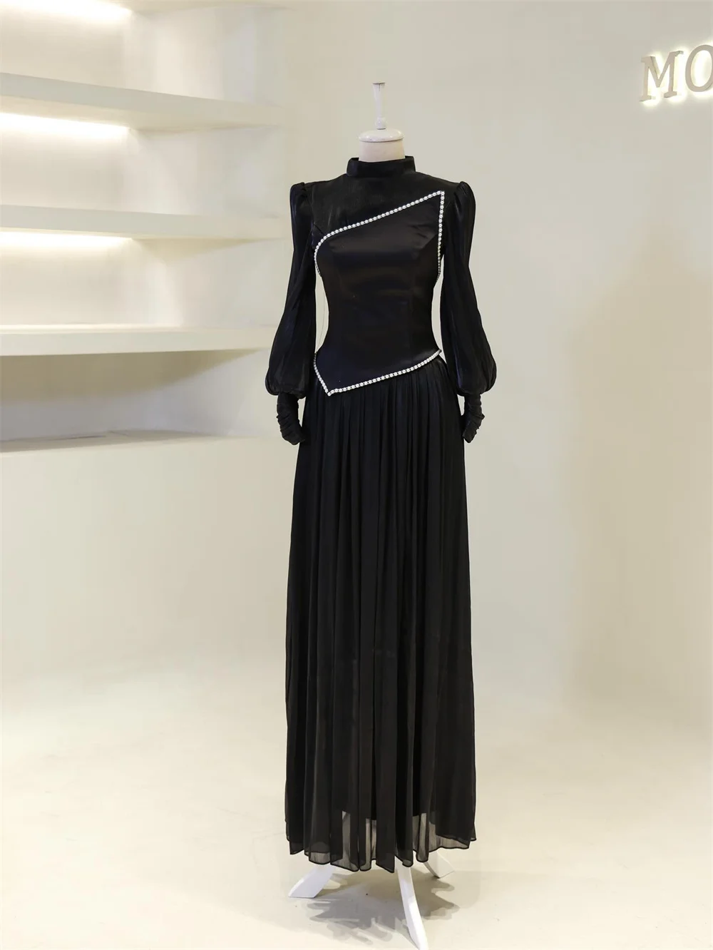 Mila Puff Sleeve Pearl Prom Dresses High Neck Draped Customized Evening Dresses Elegant Floor-Length vestidos de fiesta 2025