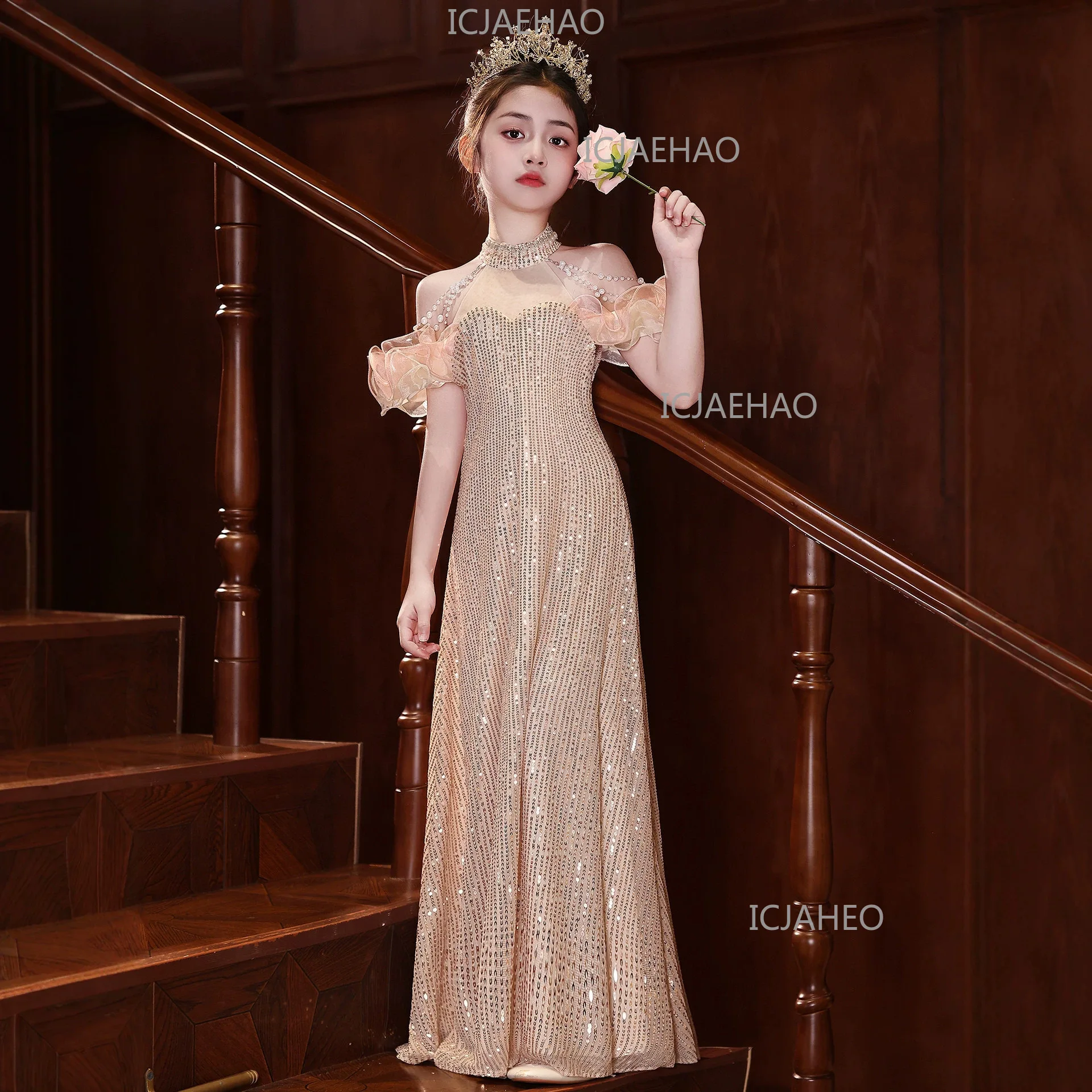 Girls Runway Dress, High-end Luxury Niche Stunning Sequin Mermaid Gown For Birthday Host Piano Performance Costume Children