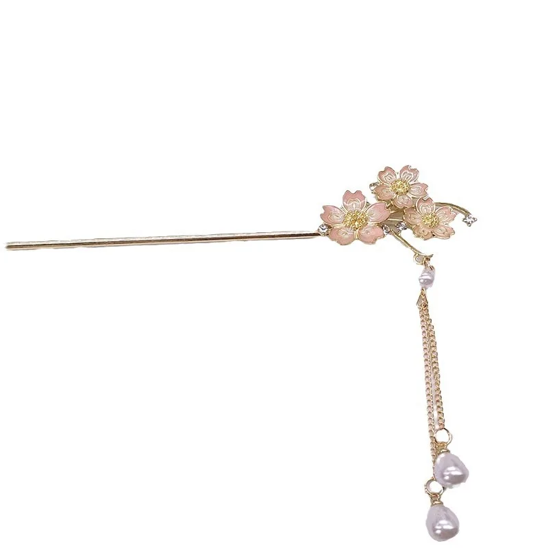 Chinese-style enamel three-flower hairpin, classical charm, updo tassel hairpin, retro and niche cheongsam hair accessory