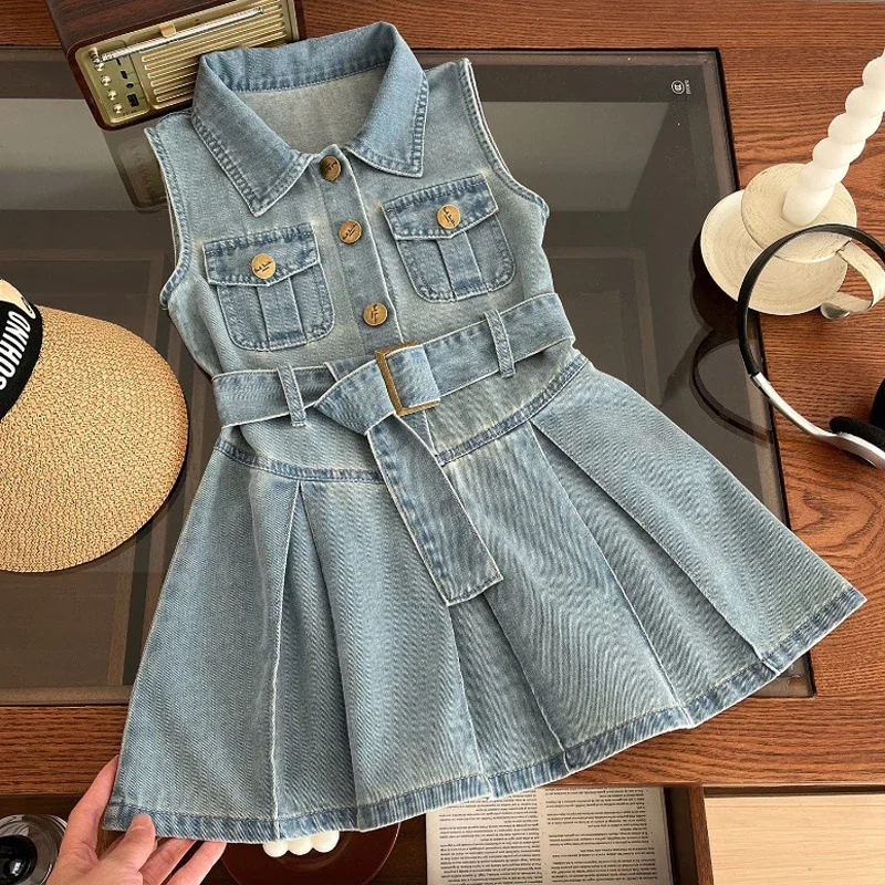 

Belt Decoration Lapel Collar Sleeveless Tutu Princess Dress For 2 -10 Years Kids Fashion Dress 2025 Summer New Girls Denim Dress