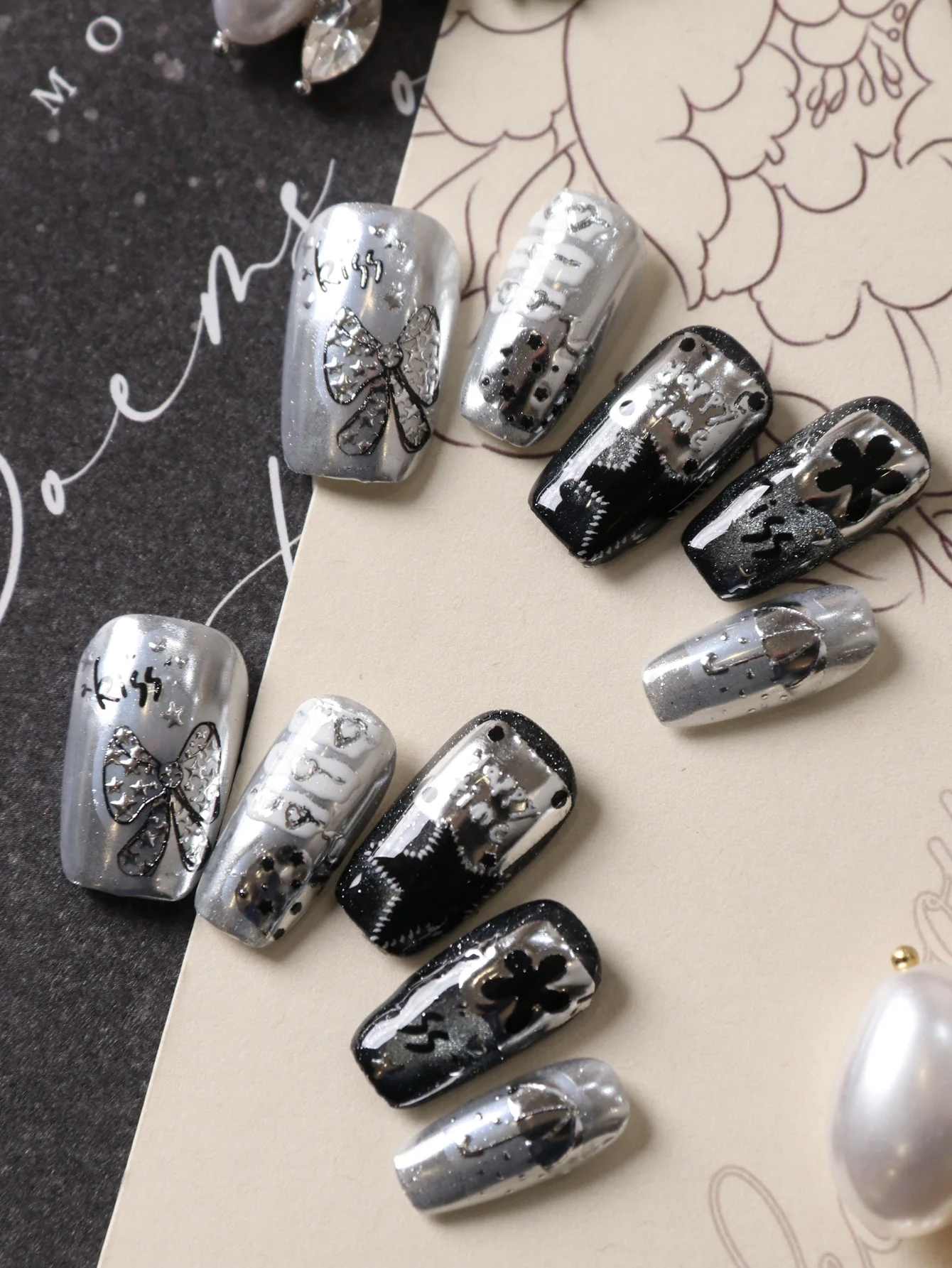 10Pcs Acrylic Press on Black Bow Silver Mirror Fake Nails Includes 1 Sheet of Adhesive Tabs & 1 Pc Mini File