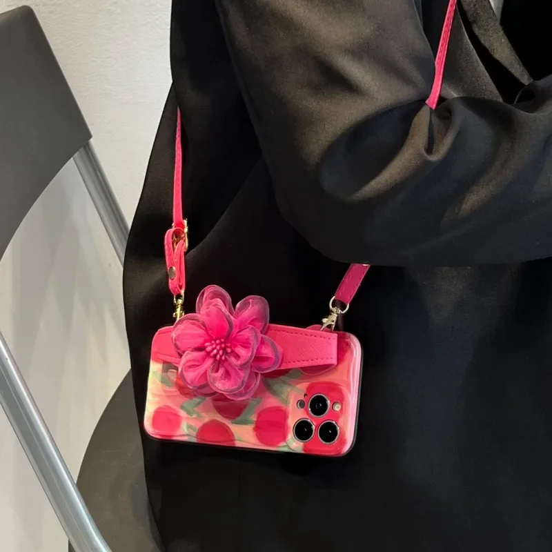 

Pink yarn flower wristband Tulip for iphone15 diagonal iphone14pro phone case iphone13pro Personality iphone12 oil painting