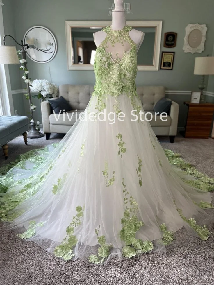 Customized Ivory and Green 3D Wedding dress A-Line Wedding Dress with 3D flowers  Floral wedding dress vestidos de noche