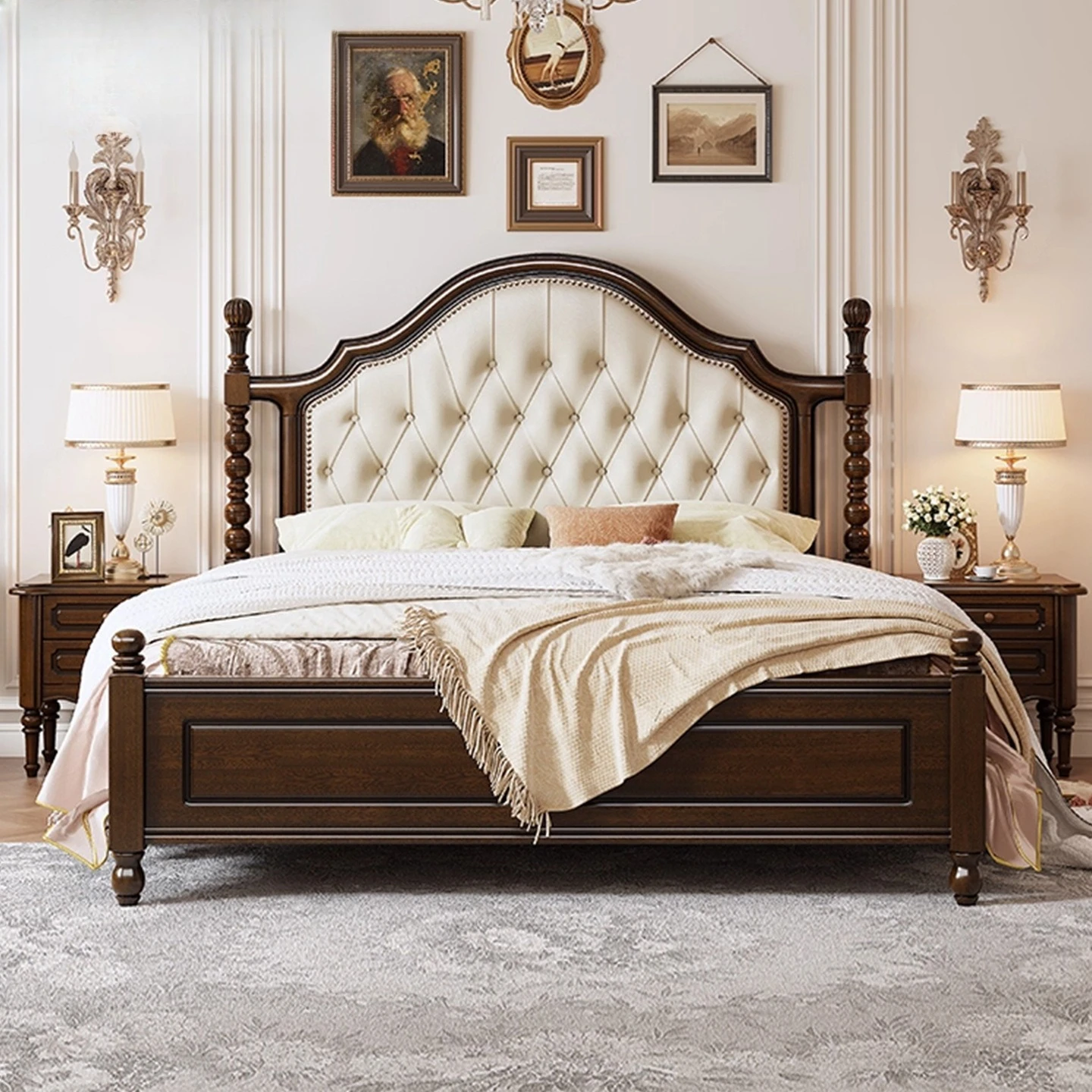 Peach blossom core solid wood bed, 1.8m vintage master bedroom double bed, soft-cover bed