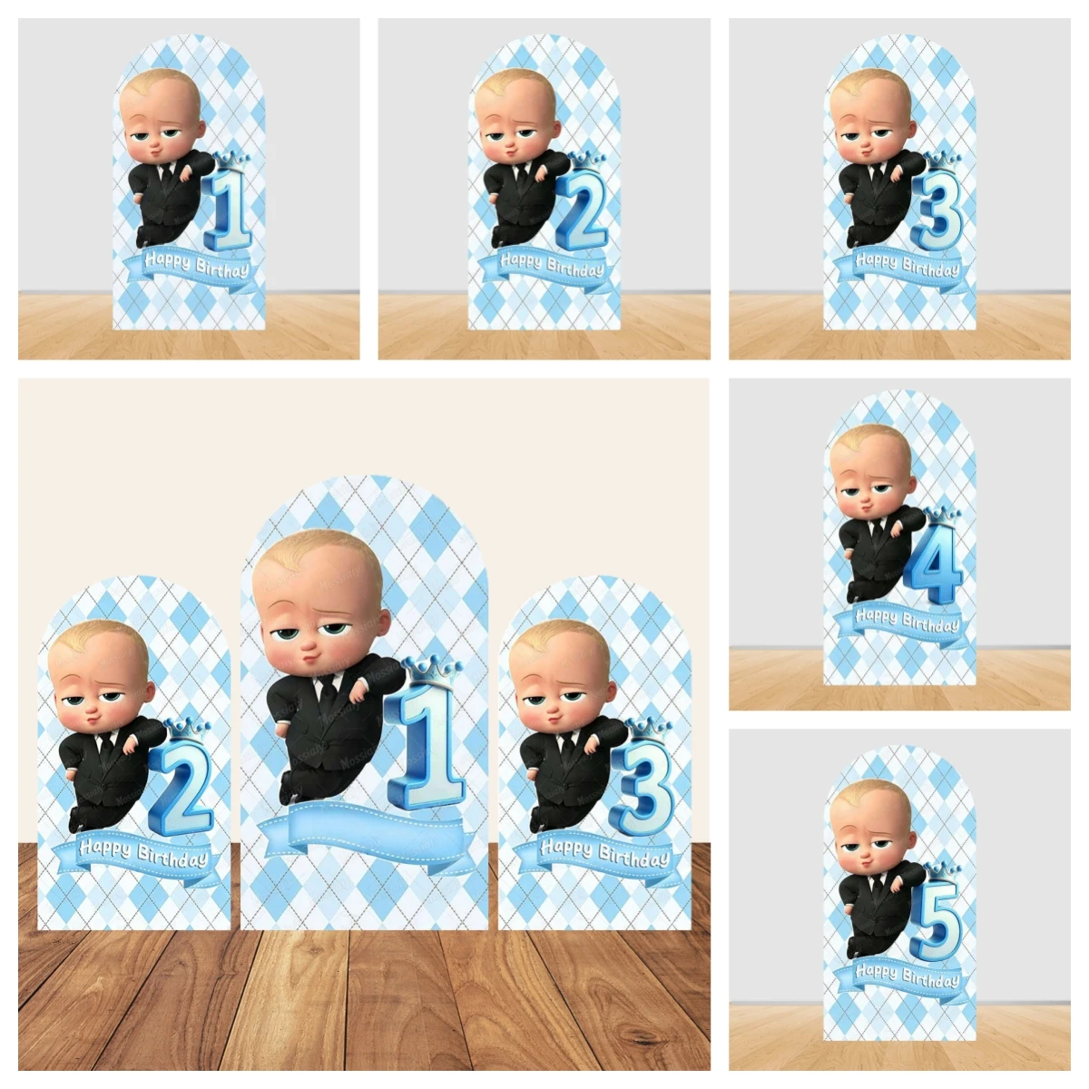 Blaues Gitter Boss Baby Thema Bogenförmiger Hintergrund Kinder Jungen 1-9 Geburtstag Party Babyparty Dekoration Anpassbarer Name