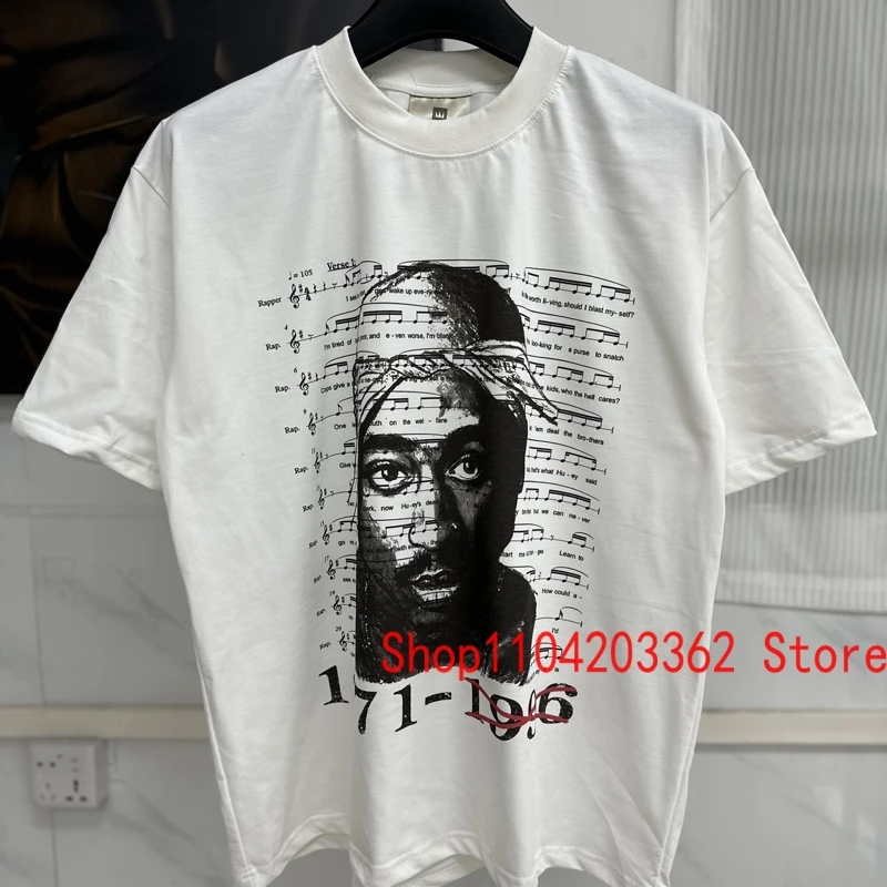 Classic White Portrait Song Notation Print Tees 2PAC T-shirt High Quality Cotton Short Sleeve Men Women Loose Tupac Streetwear