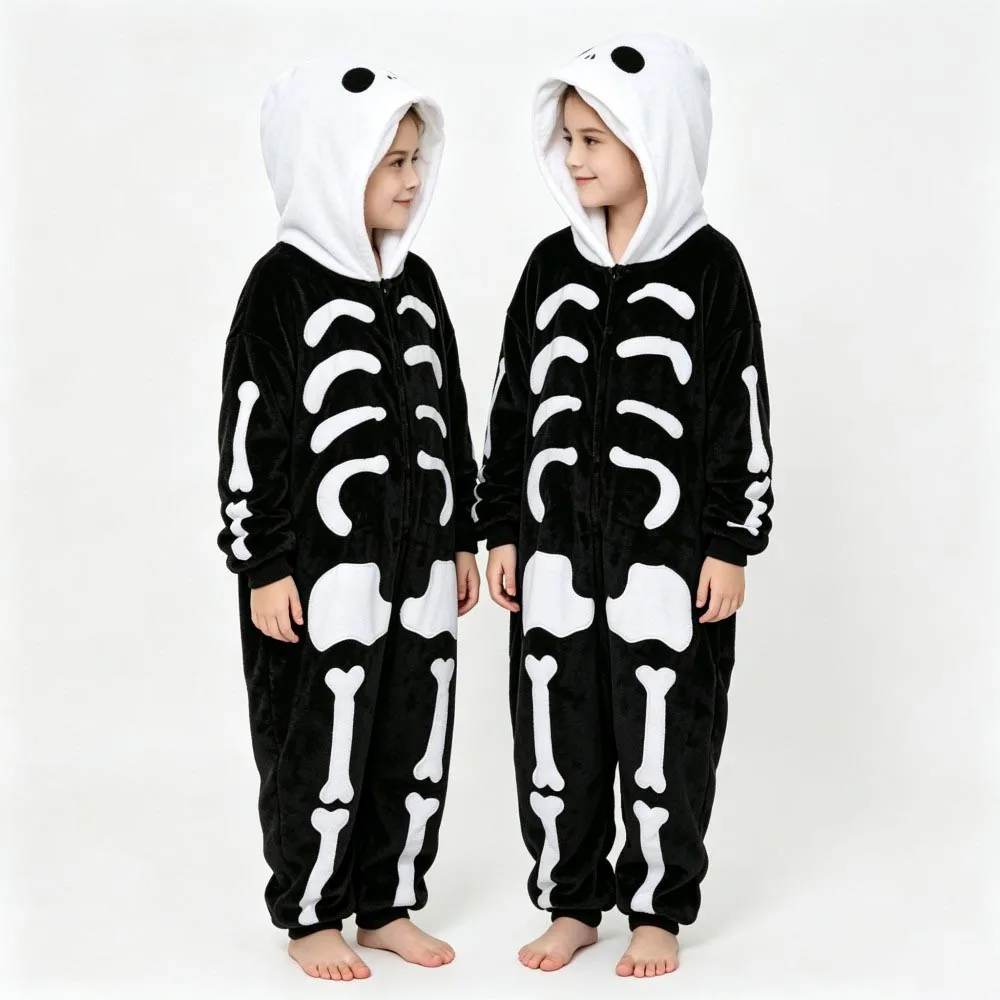 Kids Halloween Onesie Pajamas Flannel Hooded Jumpsuit Skeleton Pyjamas Pumpkin Unicorn Deer Clown Cosplay Costume Home Sleepwear
