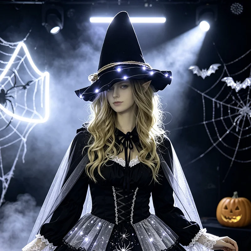 Women LED Light Up Witch Hat Black Pointed Wizard Hat With LED String Lights Halloween Carnival Club Cosplay Costume Accessories