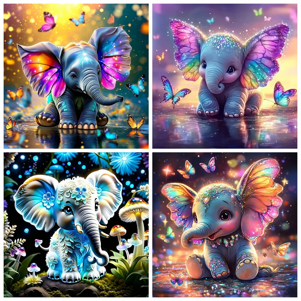 Evershine 4 Stück runde Diamantmalerei, Elefant, Tier, Cartoon, DIY, Diamantmosaik, Bild von Strasssteinen, Dekor für Zuhause