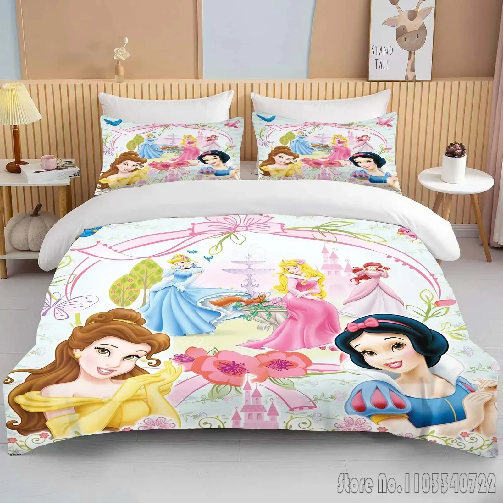 Disney Princess Printed Soft Bedding Set Duvet Cover Anime Quilt Adult Kids Birthday Gift Full Size Bedding Set Luxury