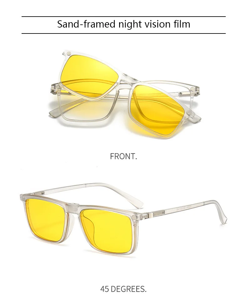 Transparente Damen-Sonnenbrille mit quadratischem Rahmen, 6-in-1-Brille mit magnetischem Clip, polarisierte Nachtsichtbrille für Herren – Detail 18