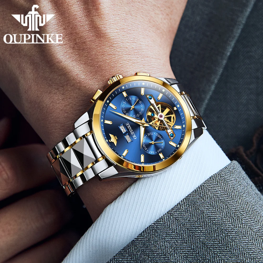 Oupinke 3290 relógio mecânico totalmente automático masculino original multifuncional à prova d'água cronógrafo esqueleto volante relógio masculino