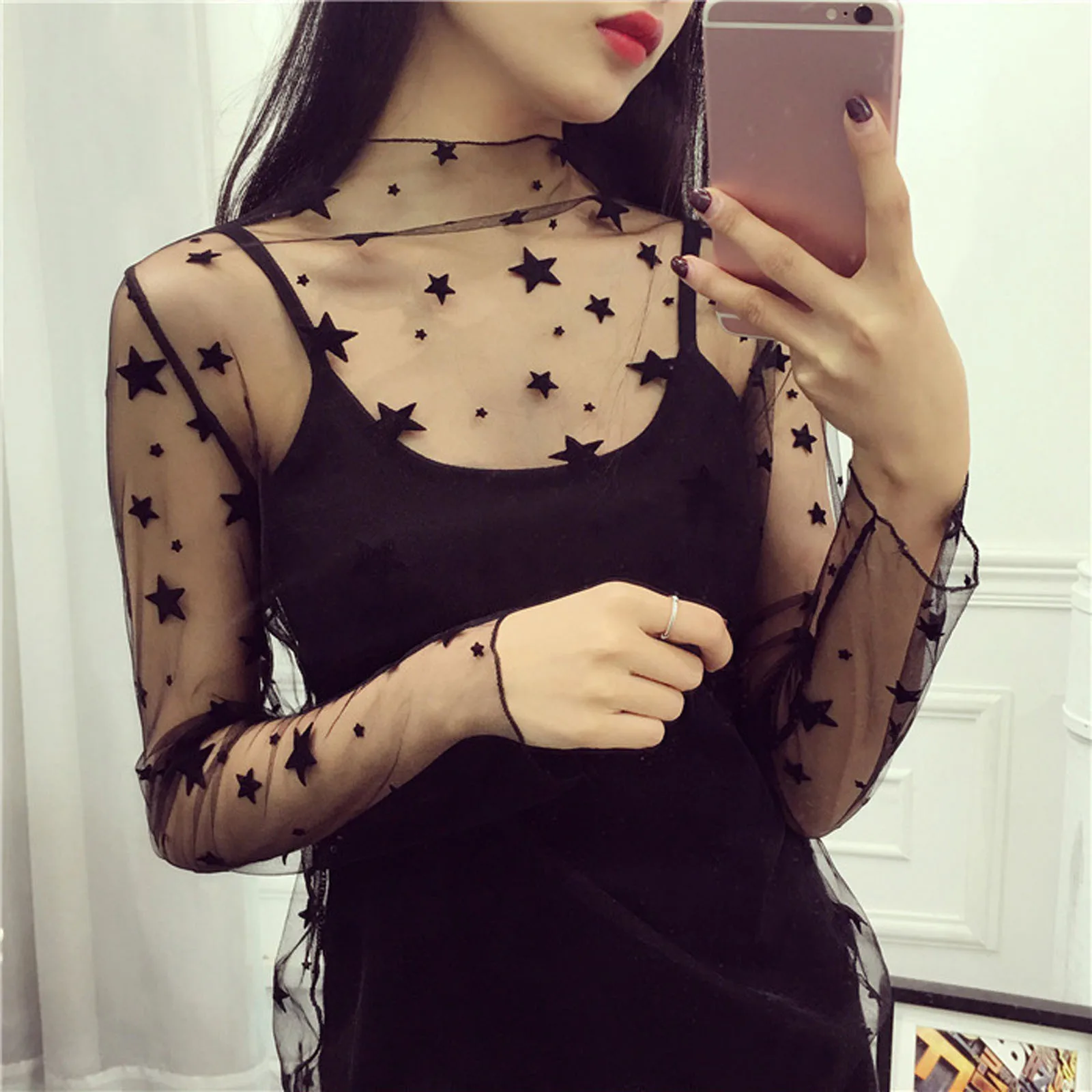 Black Sexy Women\'s T-shirt Fishnet Sheer Transparent Top Women Long Sleeve Bottoming Shirts Lace Mesh Tees Summer Sunscreen Tops