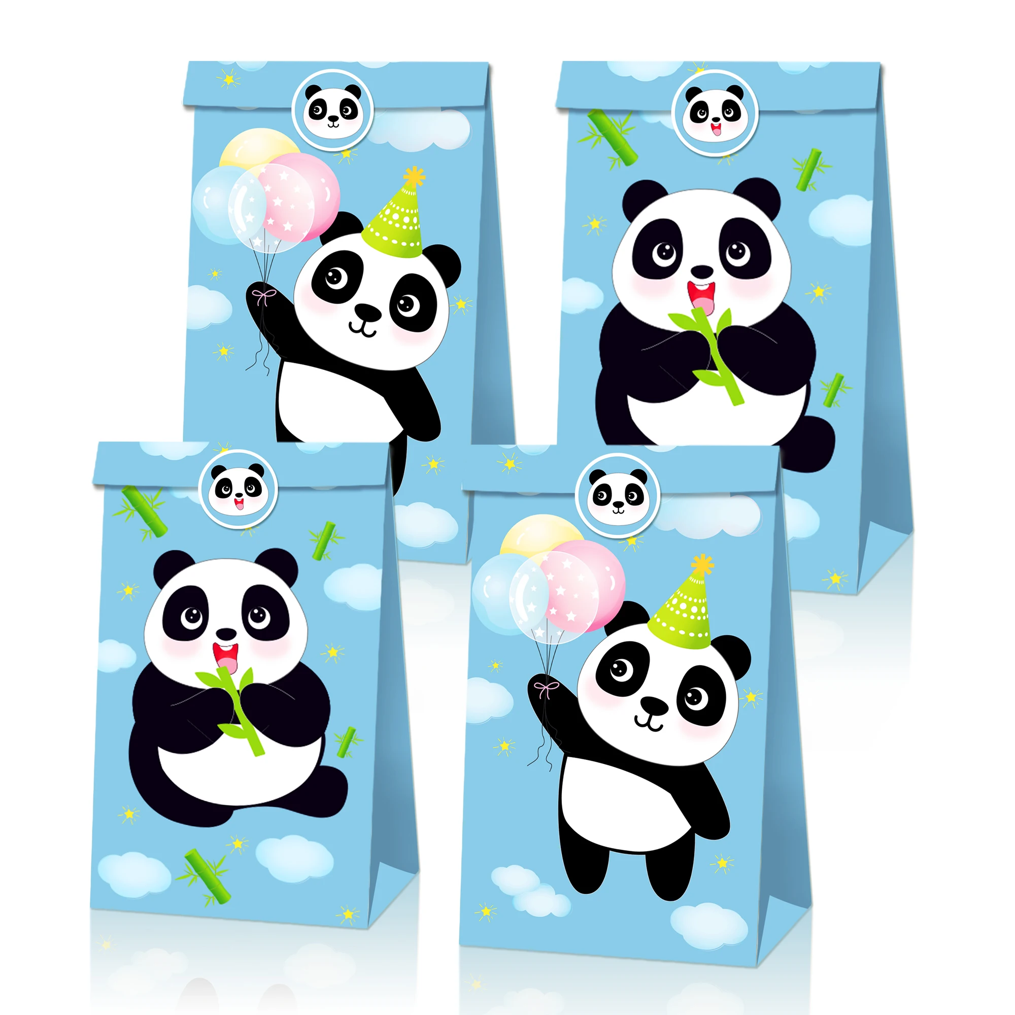 

LB118 12Pcs Cartoon Kraft Paper Bags With Stickers Animal Panda Bamboo Birthday Party Biscuit Baby Shower Gifts Boxes