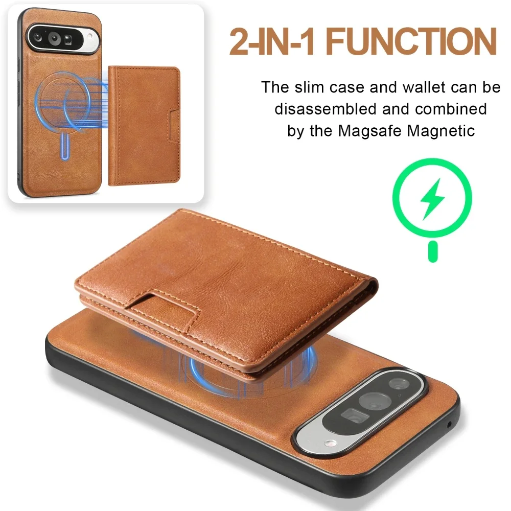 Magnetic Solid Color Leather Phone Cover For Google Pixel 9 Pro XL/Pixel 8 Pro/Pixel 8A With Detachable Flip Card Case