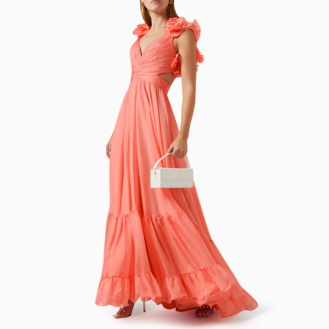 Fashion Spaghetti Straps Ruffles Evening Dresses Soft Chiffon V-neck Pleats Wedding Guest Gowns Chic Girl's Pageant Prom Dress