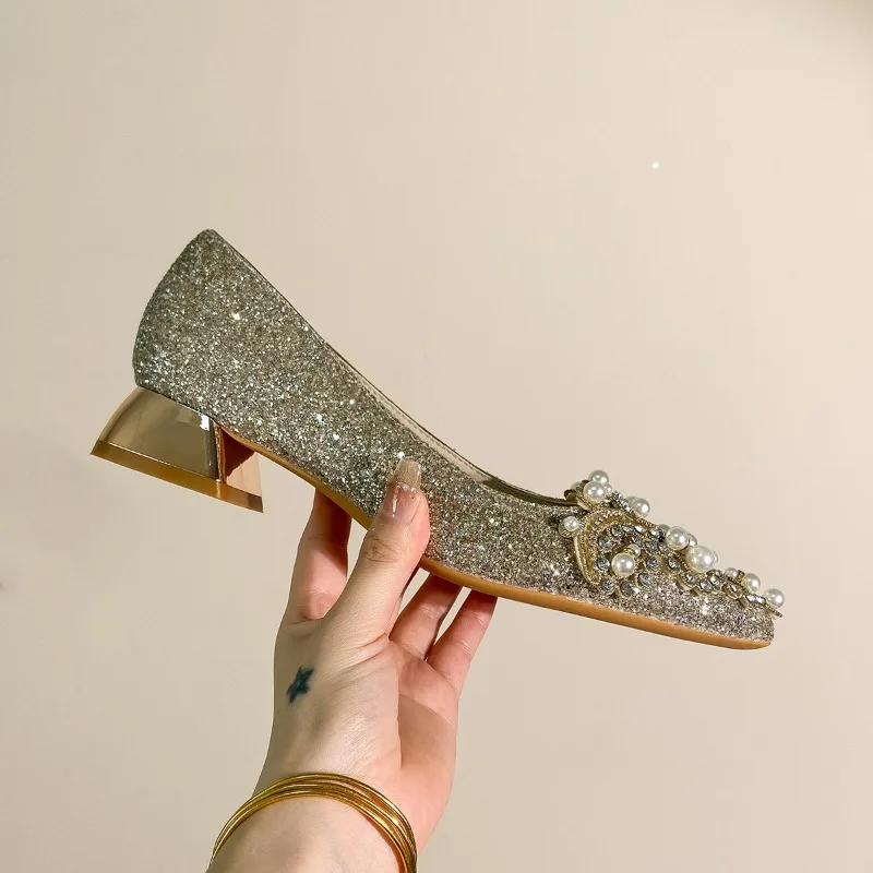 High-end Rhinestone Block Heel Single Shoes Fashion Pointed Toe Shallow Mouth Slip-on Non-Slip Low Top Shoes view 4